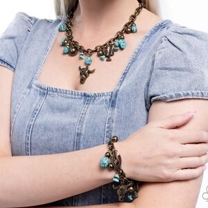 Turquoise and Brass Charm Necklace and Bracelet Set